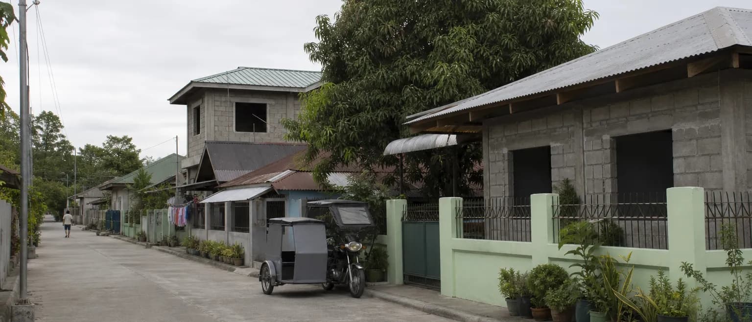 A quiet provincial street of low concrete houses under flat overcast daylight.