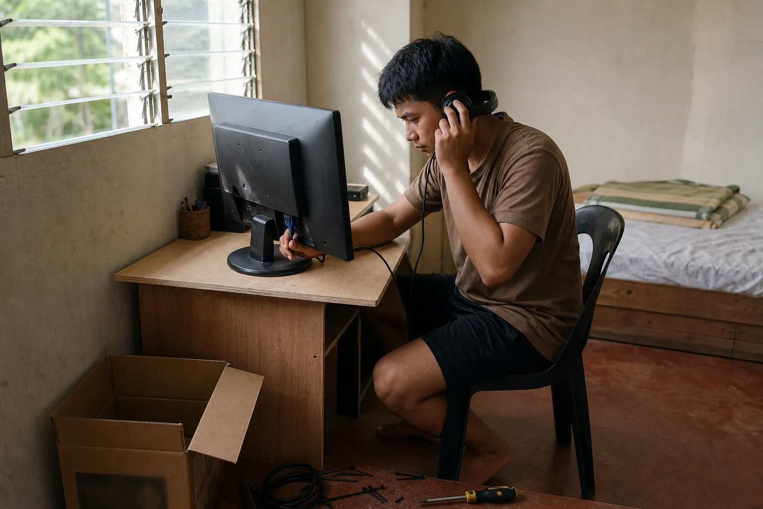 A young man sets up a second-hand monitor and tests a headset in a small bedroom office with jalousie windows.
